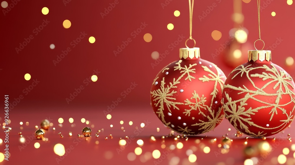 Two red Christmas ornaments with gold snowflake designs, hanging against a red background with falling gold confetti. Two red Christmas ornaments with gold snowflake designs, hanging against a red background with falling gold confetti.