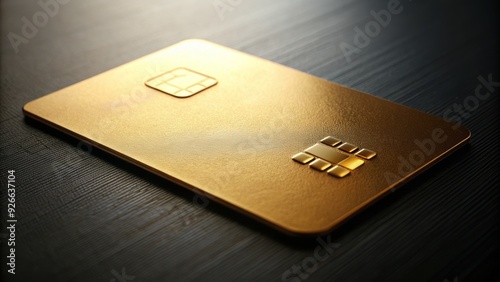 A shallow-depth-of-field close-up of a gold credit card lying on a sleek black background, embossed numbers and logo gleaming in soft, even lighting. photo