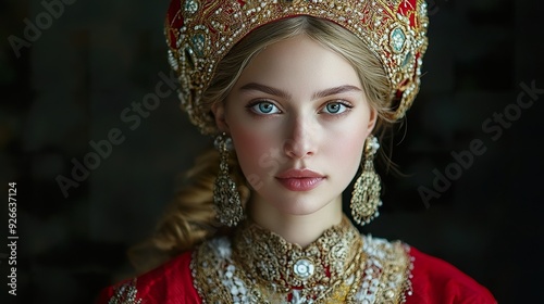 A full-shot of a Russian woman in traditional attire, such as a sarafan or kokoshnik, showcasing intricate designs and rich fabrics photo