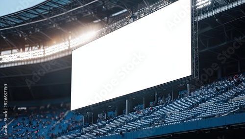 Blank stadium scoreboard with fans in seats.