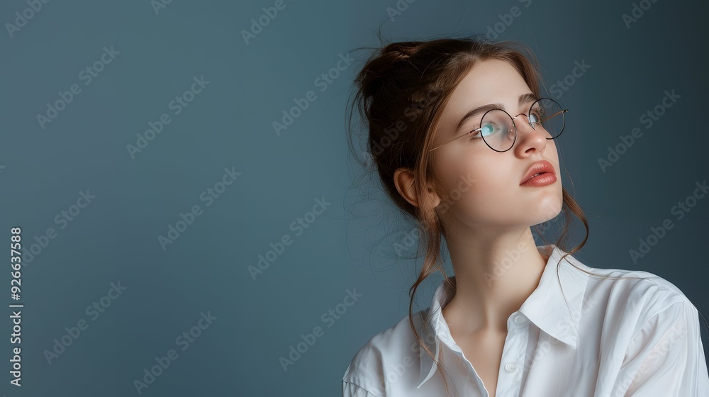 Portrait of young lady wearing white shirt and glasses with copy space background Portrait of young lady wearing white shirt and glasses with copy space background