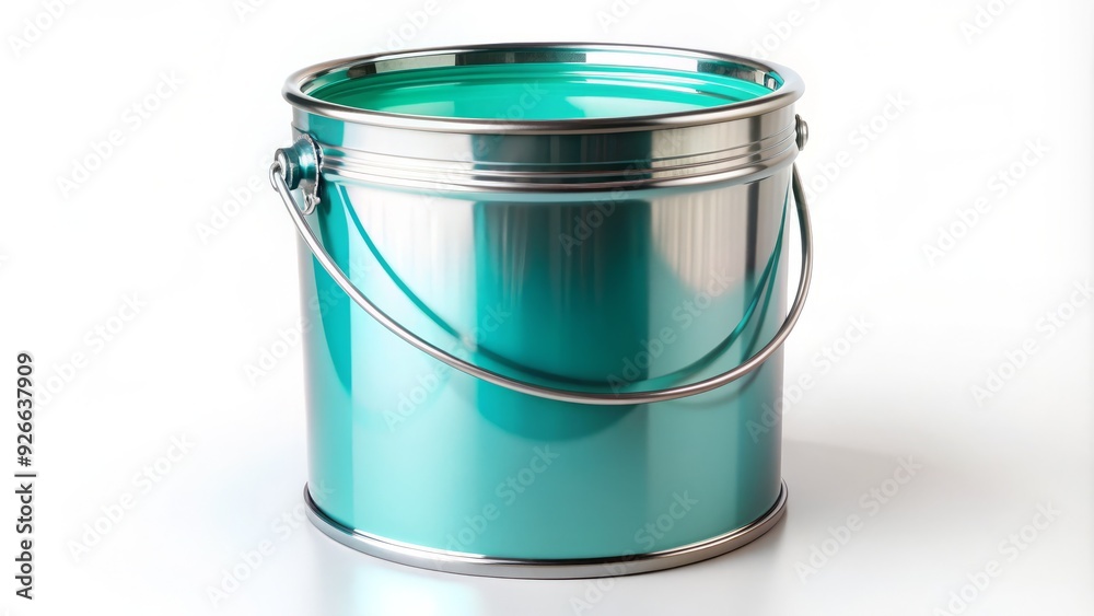 A shiny metal paint bucket, filled with vibrant turquoise paint, sits upright on a white isolated background, ready for a creative project. A shiny metal paint bucket, filled with vibrant turquoise paint, sits upright on a white isolated background, ready for a creative project.