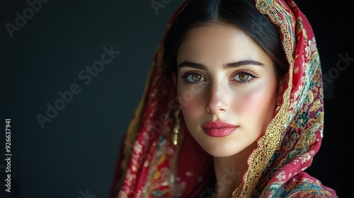 A full-shot of a Spanish woman in festive or ceremonial attire, such as for a cultural festival or special event, isolated on a dark background 