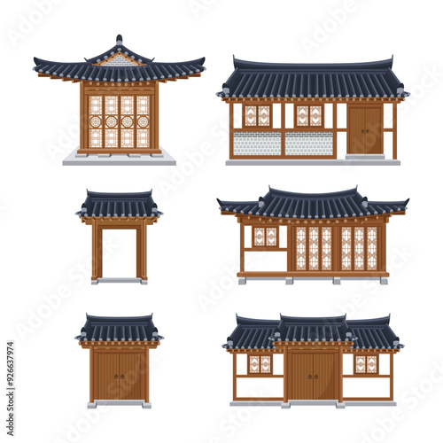 Korean hanok collection. Korean traditional house and gate. Giwajib (tile roofed house)