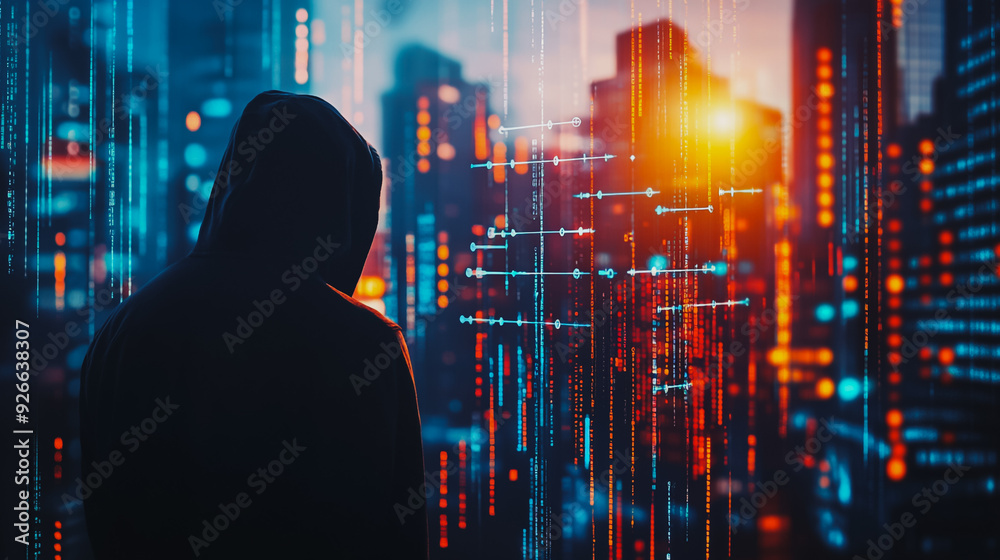 Hackers are planning to hack and attack Zeroday networks and cyber security systems in Smart digital city with connection network reciprocity over the cityscape . Concept of future smart wireless city Hackers are planning to hack and attack Zeroday networks and cyber security systems in Smart digital city with connection network reciprocity over the cityscape . Concept of future smart wireless city