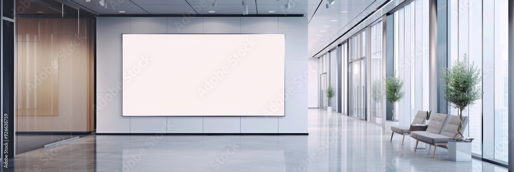 A modern office hallway with a large blank white poster on the wall A modern office hallway with a large blank white poster on the wall