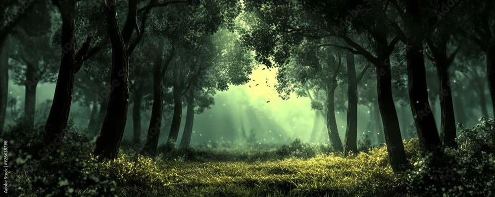 Obraz premium A misty forest path leads through tall trees.