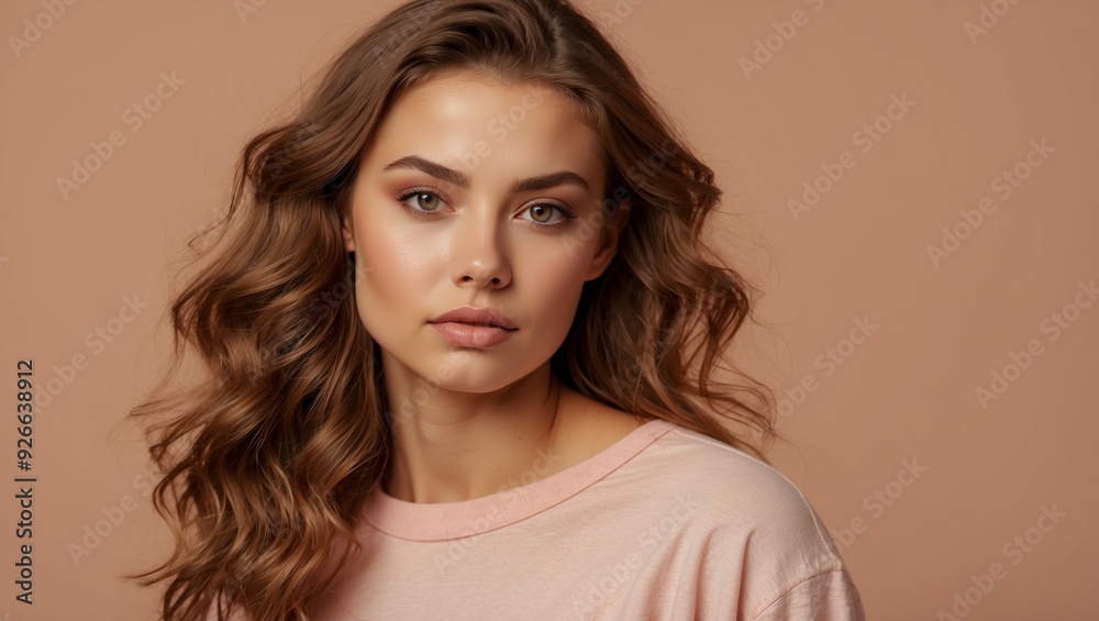 Young woman with wavy hair posing against plain bg. Young woman with wavy hair posing against plain bg.