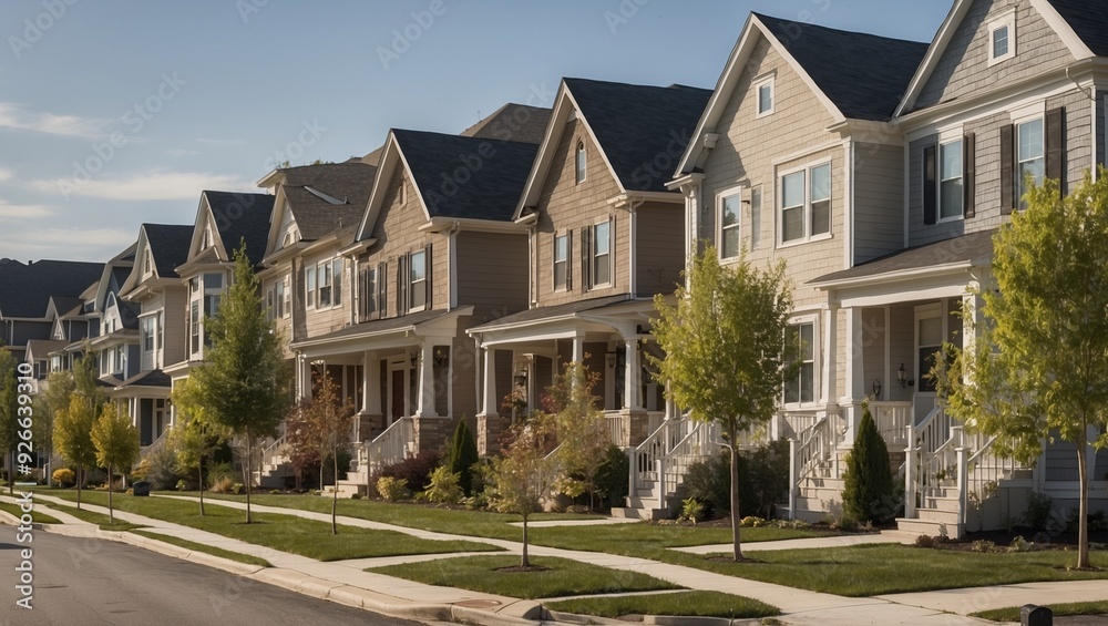 Row of modern suburban houses with trees lining street. Row of modern suburban houses with trees lining street.
