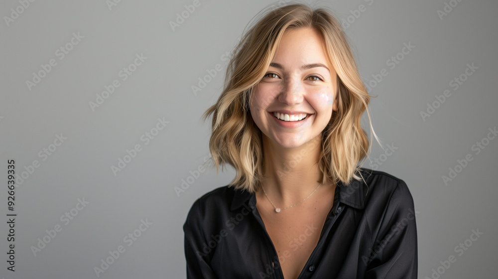 Caucasian professional with a modern look, smiling warmly and exuding charm in a studio shot Caucasian professional with a modern look, smiling warmly and exuding charm in a studio shot