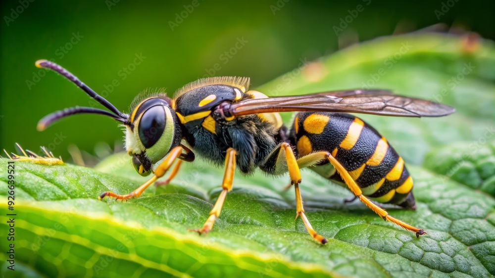 A large, black and yellow Scolia female wasp, Megascolia maculata, with distinctive white spots, perches on a green leaf, showcasing its menacing yet fascinating appearance. A large, black and yellow Scolia female wasp, Megascolia maculata, with distinctive white spots, perches on a green leaf, showcasing its menacing yet fascinating appearance.