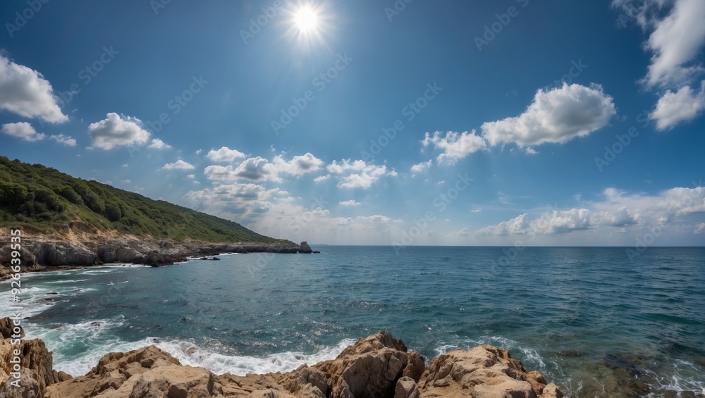 Sun shines over coastal landscape with rocky shoreline. Sun shines over coastal landscape with rocky shoreline.