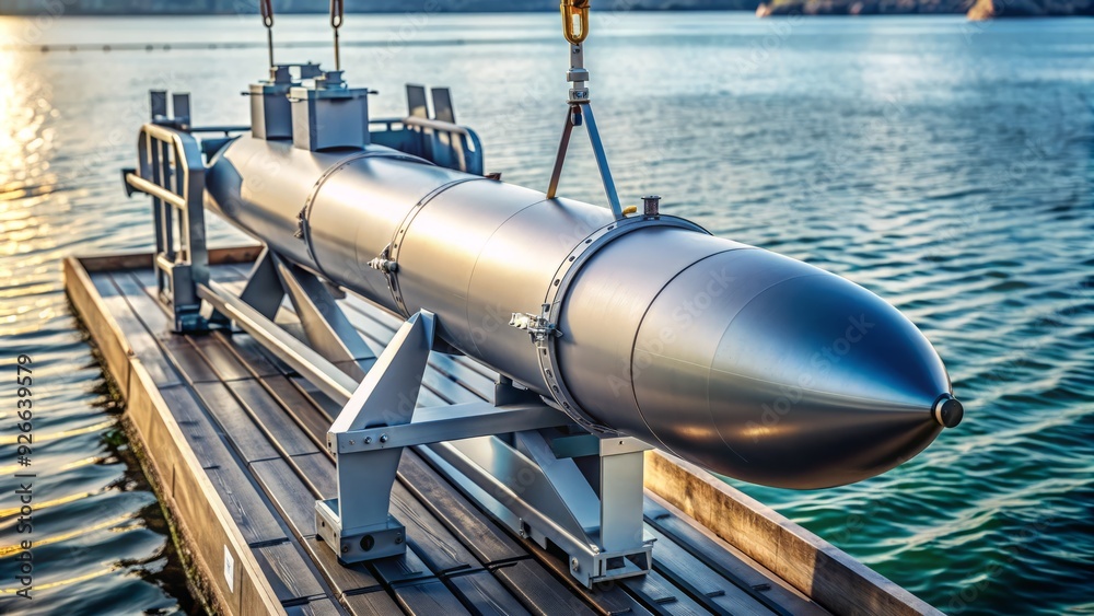 A sleek, metallic grey naval torpedo, adorned with wires and sensors, rests on a launch rack, ready for underwater deployment in a high-stakes mission. A sleek, metallic grey naval torpedo, adorned with wires and sensors, rests on a launch rack, ready for underwater deployment in a high-stakes mission.