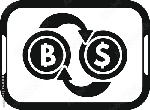 Simple black and white icon representing a smartphone converting bitcoin to dollar