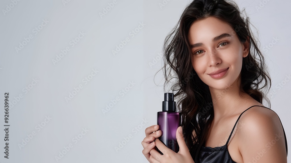 Pretty woman holding new skincare cosmetic bottle mockup of liquid makeup foundation and smiling Pretty woman holding new skincare cosmetic bottle mockup of liquid makeup foundation and smiling