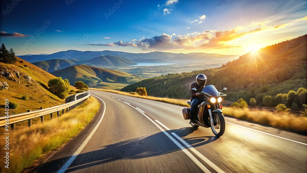 A sleek motorcycle speeds down a winding highway, surrounded by rolling hills and a clear blue sky, conveying a sense of freedom and adventure. A sleek motorcycle speeds down a winding highway, surrounded by rolling hills and a clear blue sky, conveying a sense of freedom and adventure.