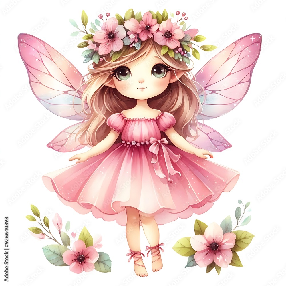 A cute watercolor illustration of a fairy wearing a pink dress and a flower crown A cute watercolor illustration of a fairy wearing a pink dress and a flower crown