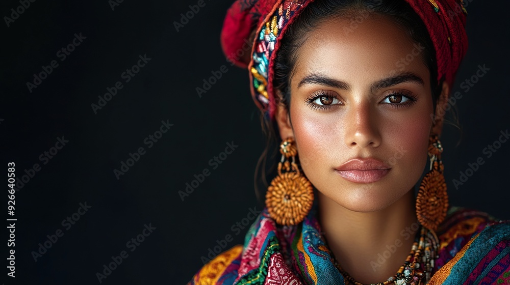 A realistic image of a Mexican woman adorned with traditional accessories like a rebozo (shawl) or handcrafted jewelry, isolated on a dark background to emphasize cultural detail and beauty A realistic image of a Mexican woman adorned with traditional accessories like a rebozo (shawl) or handcrafted jewelry, isolated on a dark background to emphasize cultural detail and beauty