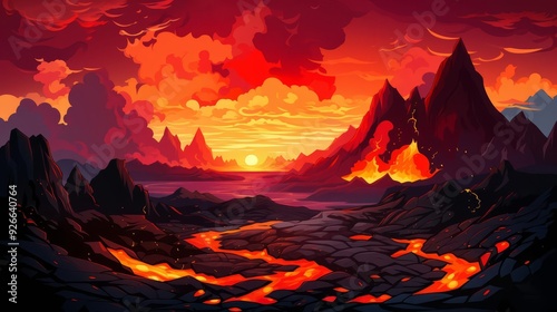 Volcanic background with lava flow, flat design, top view, fiery theme, cartoon drawing, vivid