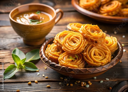 Crisp, golden-hued Khaja sweet snack, layered with flaky pastry, fried in coconut oil, served as a traditional Kerala tea time treat in South India. photo