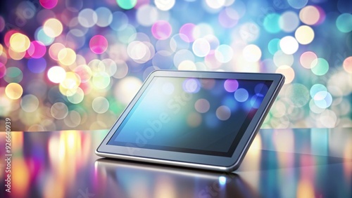 A sleek silver tablet lies on a blurred bokeh background of pastel colors, with a subtle glow on the screen, conveying modern technology and creativity.