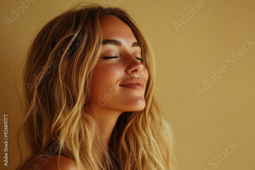 A close up of a black woman's face with her eyes closed and long blond hair photo