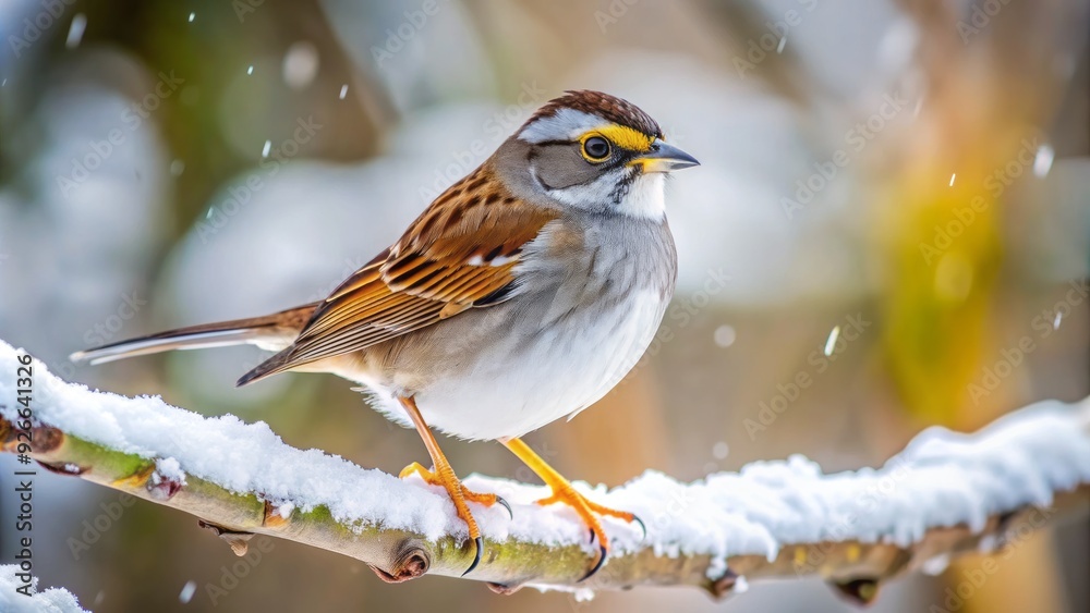 A small, greyish-brown songbird with distinctive white throat patch, yellow lores, and black-and-white striped head, perched on a snow-dusted branch in winter. A small, greyish-brown songbird with distinctive white throat patch, yellow lores, and black-and-white striped head, perched on a snow-dusted branch in winter.