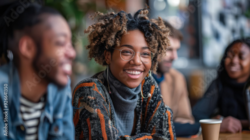 A woman with curly hair and glasses is smiling at the camera. She is surrounded by other people, some of whom are also smiling. Scene is happy and friendly