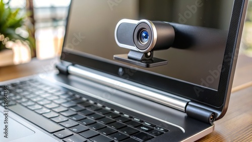A small slider tab covers the lens of a laptop webcam, providing privacy and security from potential online snoops and hackers in the digital age.
