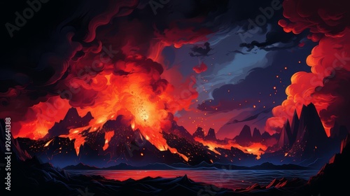 Volcanic scene with lava flow, flat design, side view, eruption theme, 3D render, Triadic Color Scheme