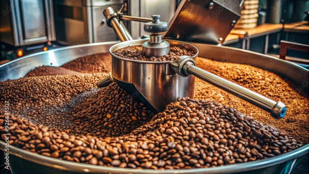 Freshly roasted coffee beans piled high in a grinder's hopper, awaiting transformation into a rich and aromatic brew, with sleek metal machinery in background. Freshly roasted coffee beans piled high in a grinder's hopper, awaiting transformation into a rich and aromatic brew, with sleek metal machinery in background.