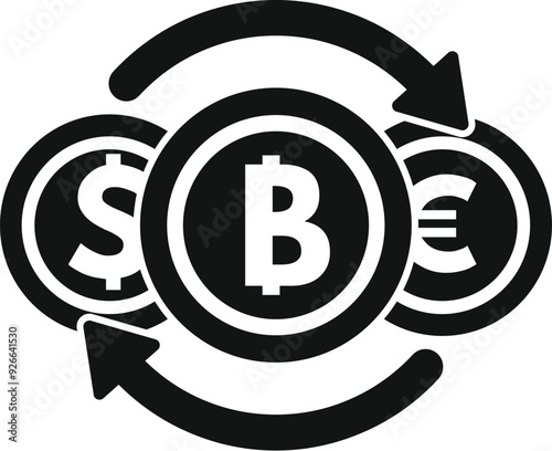 Black and white icon illustrating the concept of exchanging cryptocurrency with fiat money