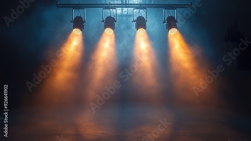 A realistic image of multiple spotlights arranged in a dramatic setup, casting bright beams of light against a dark background to capture their impact and lighting effects photo