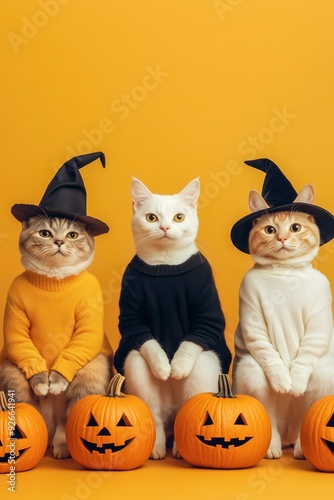 Three Cats Wearing Sweaters and Witch Hats Sitting with Jack-O'-Lanterns on a Vibrant Yellow Background for Halloween photo