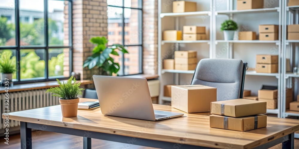 Modern workspace with laptop, desktop computer, and parcel box on a wooden desk, showcasing efficient management, logistics, and order processing in a small to medium-sized enterprise office. Modern workspace with laptop, desktop computer, and parcel box on a wooden desk, showcasing efficient management, logistics, and order processing in a small to medium-sized enterprise office.
