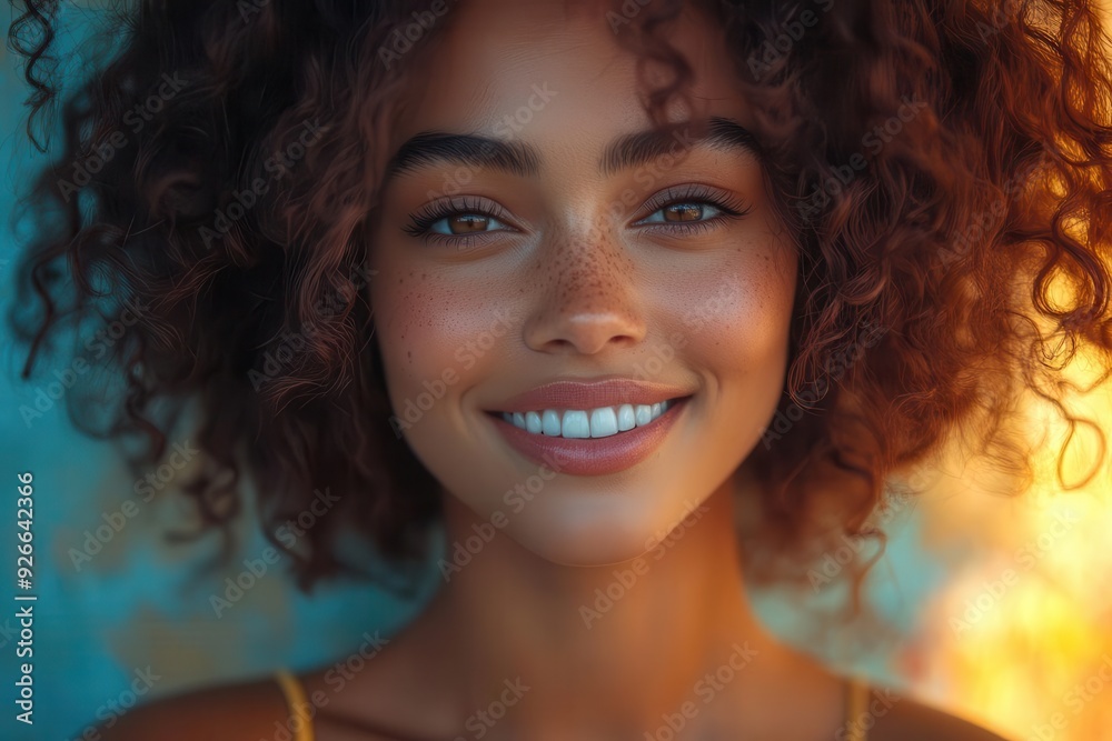 joyful portrait of woman with bouncy curls genuine smile lighting up her face soft natural lighting emphasizing warm skin tones and sparkling eyes against blurred pastel background joyful portrait of woman with bouncy curls genuine smile lighting up her face soft natural lighting emphasizing warm skin tones and sparkling eyes against blurred pastel background