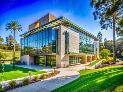 Modern performing arts building on a sunny day at a prestigious public research university campus in California, surrounded by lush greenery and walking paths. photo