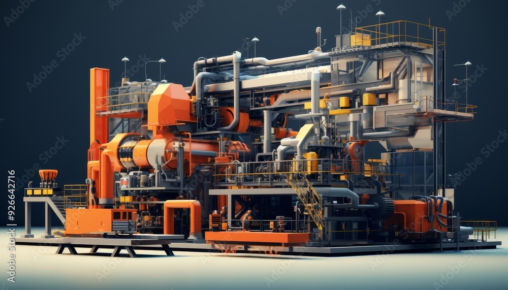 Industrial scene with machinery, flat design, side view, manufacturing theme, 3D render, Triadic Color Scheme Industrial scene with machinery, flat design, side view, manufacturing theme, 3D render, Triadic Color Scheme