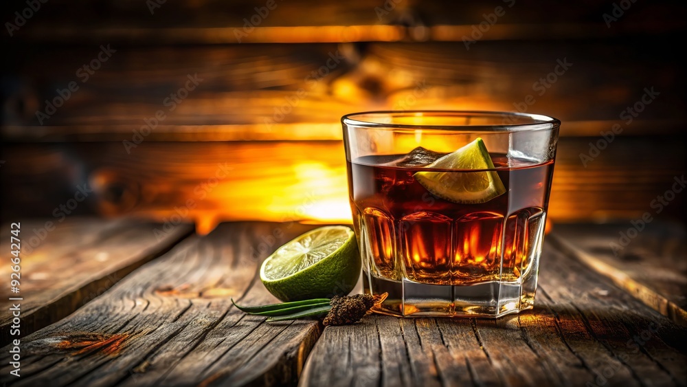A solitary glass filled with rich, dark rum sits on a worn wooden table, garnished with a lime wedge and surrounded by warm, golden light. A solitary glass filled with rich, dark rum sits on a worn wooden table, garnished with a lime wedge and surrounded by warm, golden light.
