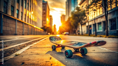 A solitary skateboard lies abandoned on a worn, sun-bleached sidewalk, its bold graphics and vibrant wheels a pop of color against the dull urban backdrop. photo