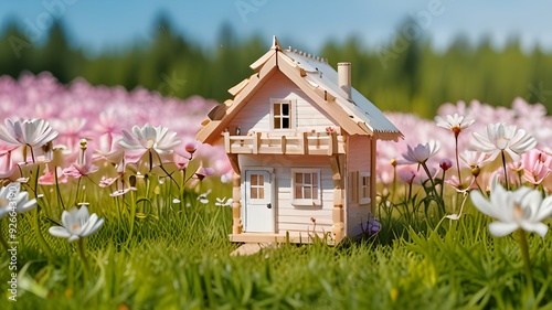 house on the meadow bird house on branch..bird, house, parrot, home, isolated, christmas, animal, tree, blue, beak, green Model of a wooden house standing on the field with blo photo