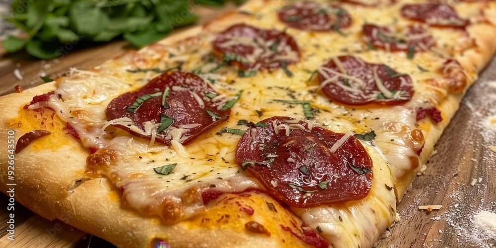 Delicious pepperoni pizza topped with melted cheese, herbs, and spices on a wooden board. Ideal for food lovers and chefs.