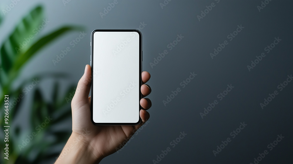 © Iana - hand holding phone mockup with white screen on dark gray background with green plant © Iana - hand holding phone mockup with white screen on dark gray background with green plant
