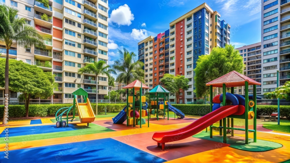 Vibrant outdoor playground in a Singaporean housing estate, featuring a variety of colourful slides, climbing frames, and recreational facilities amidst a lush green surroundings. Vibrant outdoor playground in a Singaporean housing estate, featuring a variety of colourful slides, climbing frames, and recreational facilities amidst a lush green surroundings.