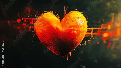 A glowing heart in a dark abstract background with colorful lights and lines.  Perfect for photo