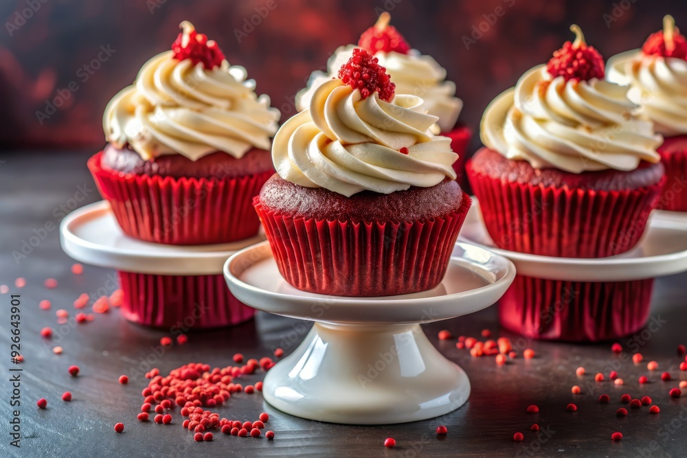 Vibrant red velvet cupcakes adorned with swirls of creamy frosting and sprinkled with crimson crumbs sit majestically on a elegant cake stand, exuding sweet sophistication. Vibrant red velvet cupcakes adorned with swirls of creamy frosting and sprinkled with crimson crumbs sit majestically on a elegant cake stand, exuding sweet sophistication.