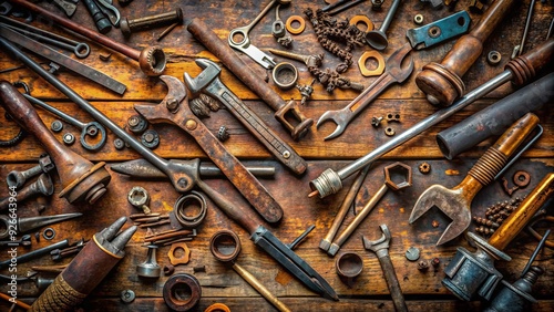 Assorted rusty wrenches, hammers, and pliers scattered on a worn wooden workbench, surrounded by screws, bolts, and other metal pieces in a cluttered workshop setting.