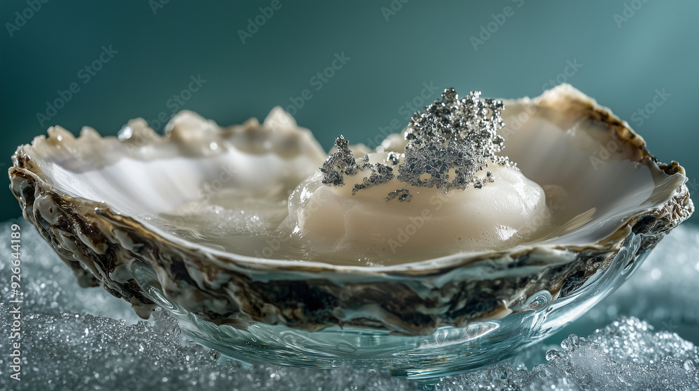 Refined molecular starter with a delicate oyster and silver flakes Refined molecular starter with a delicate oyster and silver flakes