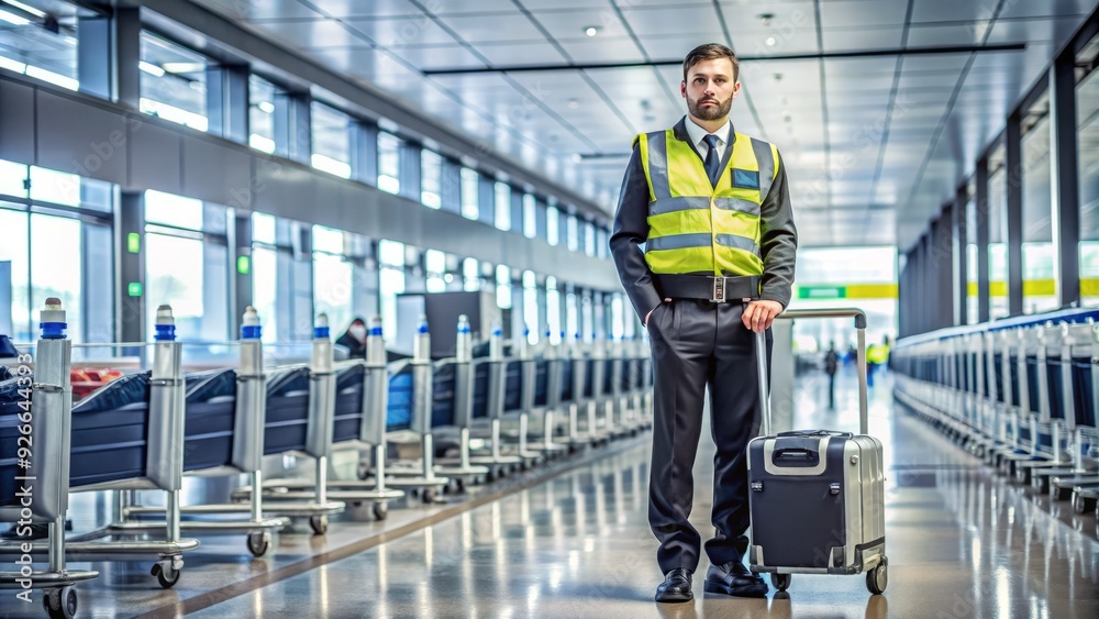 A stern-looking airport security officer in a reflective vest stands guard near a row of luggage carts, scanning the busy travel hub for potential threats. A stern-looking airport security officer in a reflective vest stands guard near a row of luggage carts, scanning the busy travel hub for potential threats.
