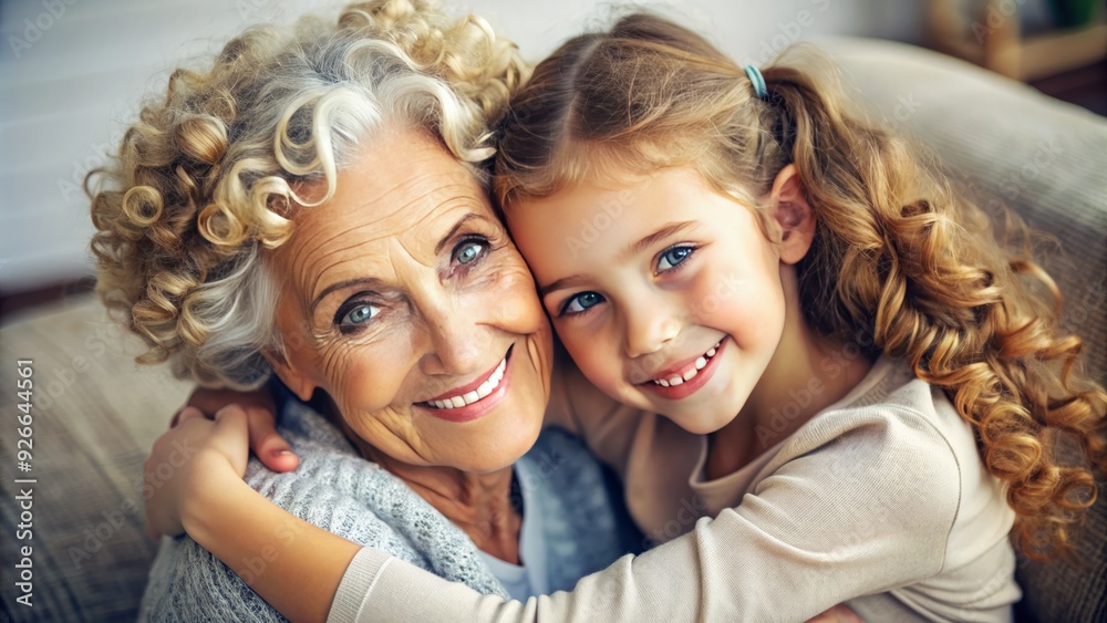 A stunning high-angle portrait of a grandmother and granddaughter embracing, showcasing their identical curly brown hair, highlighting the strong bond of inherited traits. A stunning high-angle portrait of a grandmother and granddaughter embracing, showcasing their identical curly brown hair, highlighting the strong bond of inherited traits.
